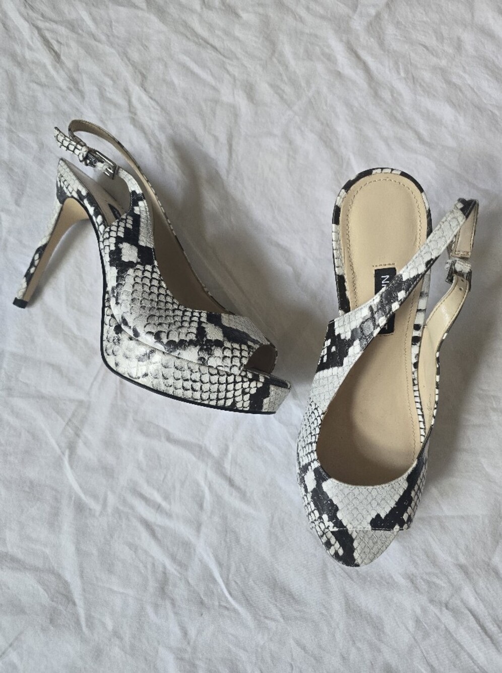 Nine West Black & White Snake-Print Slingback Peep-Toe Heels